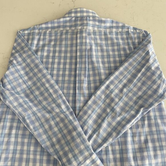Izod Slim Fit LS Button Down Cotton Poly Plaid Dress Shirt Blue & Wht Sz 17.5 - Picture 7 of 13